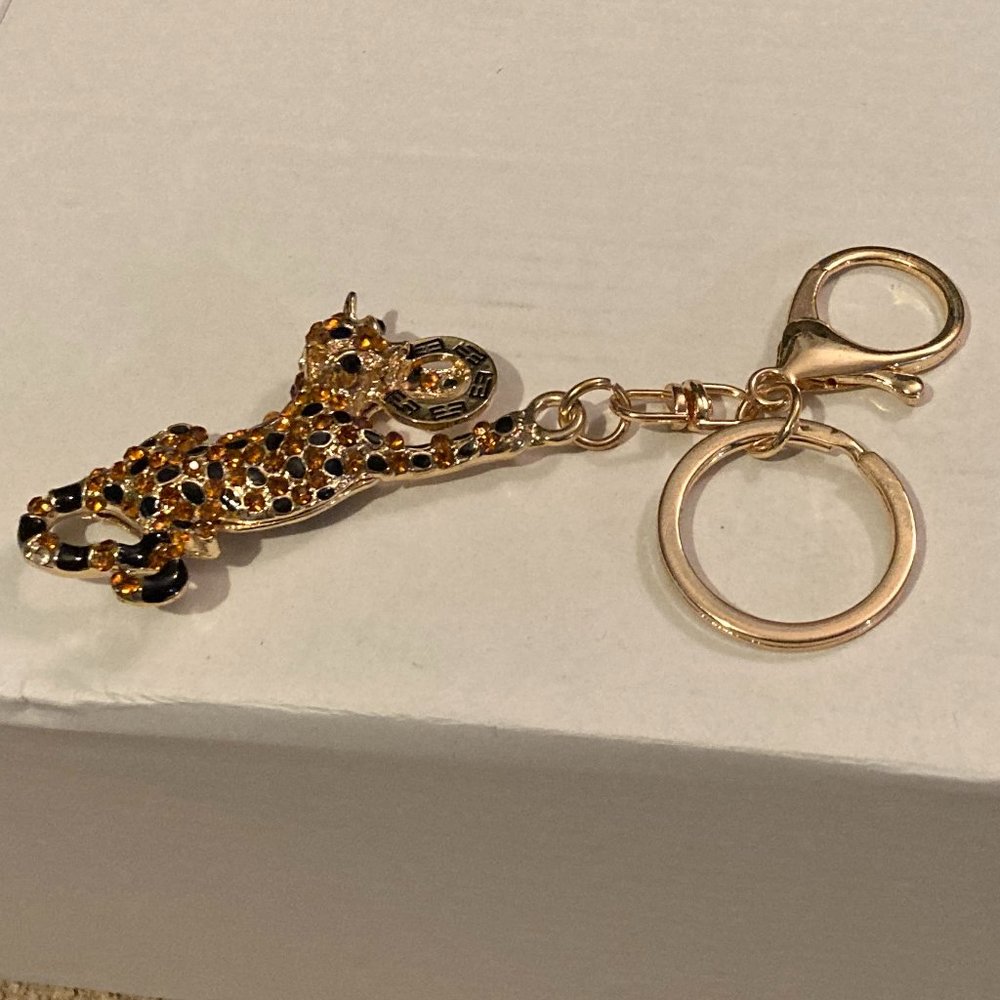 VTG 1990's EFFY LEOPARD-Gold Plated Crystals & Enamel Keychain/Bag Clip-5"-NEW - Picture 5 of 5